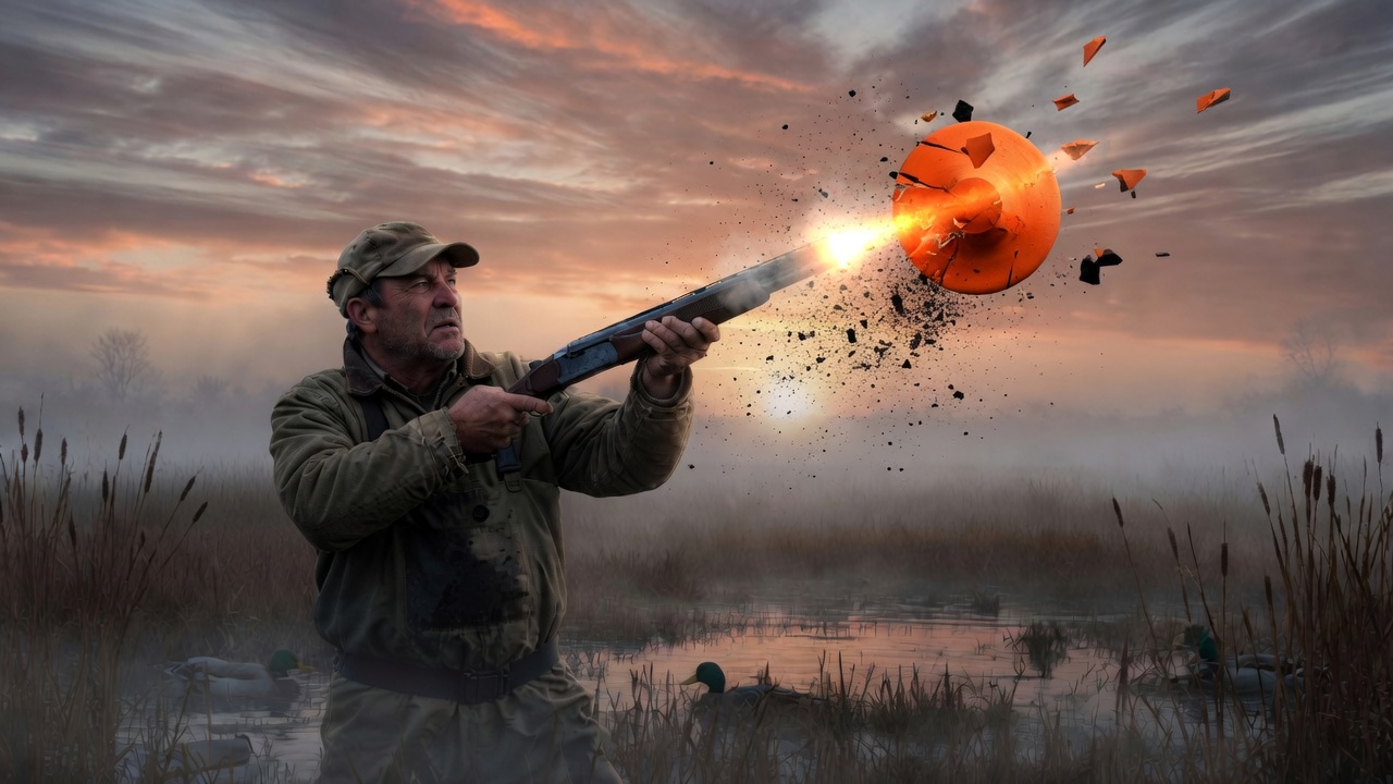 Rugged duck hunter breaking an orange clay pigeon with a double-barrel shotgun